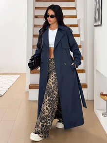 SHEIN EZwear Plus Size Women's Solid Color Double-Breasted Long Sleeve Casual Elegant Business Casual Trench Coat Jacket, Spring/Autumn Fall Office Formal - Navy Blue - View 3