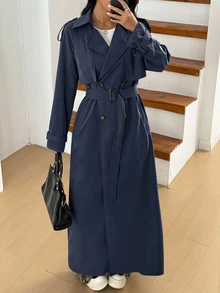 SHEIN EZwear Plus Size Women's Solid Color Double-Breasted Long Sleeve Casual Elegant Business Casual Trench Coat Jacket, Spring/Autumn Fall Office Formal - Navy Blue - View 4