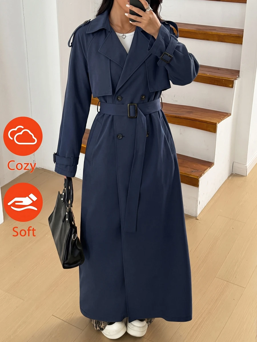 SHEIN EZwear Plus Size Women's Solid Color Double-Breasted Long Sleeve Casual Elegant Business Casual Trench Coat Jacket, Spring/Autumn Fall Office Formal - Navy Blue - View 1