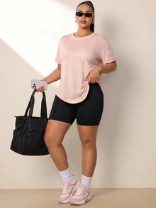 SHEIN Rhythm Era 大尺碼時尚運動熱帶牛仔女孩短袖淺粉色鑽石提花圓領交叉鏤空露背T恤上衣健身夏季 - 淺粉色 - 查看 5