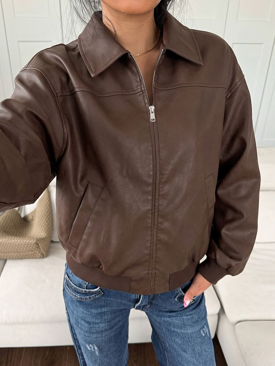 SHEIN EZwear 復古街頭風休閒做舊酸洗PU皮革夾克,深棕色,秋季新款,適合日常通勤、旅行與外出穿搭 - 咖啡棕 - 查看 1