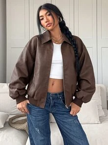 SHEIN EZwear 復古街頭風休閒做舊酸洗PU皮革夾克，深棕色，秋季新款，適合日常通勤、旅行與外出穿搭 - 咖啡棕 - 查看 3