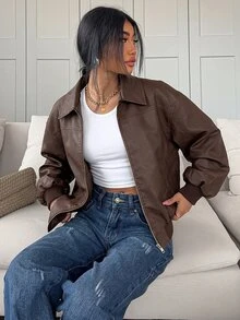 SHEIN EZwear 復古街頭風休閒做舊酸洗PU皮革夾克，深棕色，秋季新款，適合日常通勤、旅行與外出穿搭 - 咖啡棕 - 查看 5