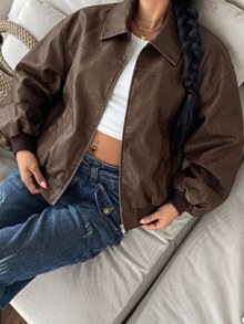 SHEIN EZwear 復古街頭風休閒做舊酸洗PU皮革夾克，深棕色，秋季新款，適合日常通勤、旅行與外出穿搭 - 咖啡棕 - 查看 4