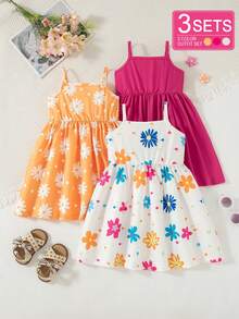 SHEIN Playful Pals 女嬰花卉印花吊帶洋裝 素色荷葉邊下擺 熱帶可愛鄉村風 夏季度假假日穿搭 橘色、亮粉色、白色花卉 - 彩色 - 查看 3