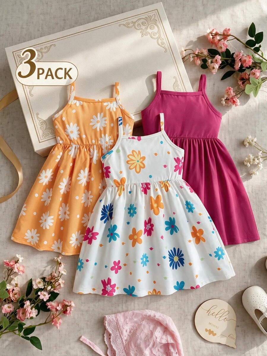 SHEIN Playful Pals 女嬰花卉印花吊帶洋裝 素色荷葉邊下擺 熱帶可愛鄉村風 夏季度假假日穿搭 橘色、亮粉色、白色花卉 - 彩色 - 查看 1