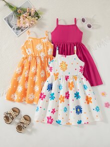 SHEIN Playful Pals 女嬰花卉印花吊帶洋裝 素色荷葉邊下擺 熱帶可愛鄉村風 夏季度假假日穿搭 橘色、亮粉色、白色花卉 - 彩色 - 查看 2