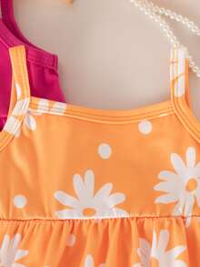 SHEIN Playful Pals 女嬰花卉印花吊帶洋裝 素色荷葉邊下擺 熱帶可愛鄉村風 夏季度假假日穿搭 橘色、亮粉色、白色花卉 - 彩色 - 查看 7