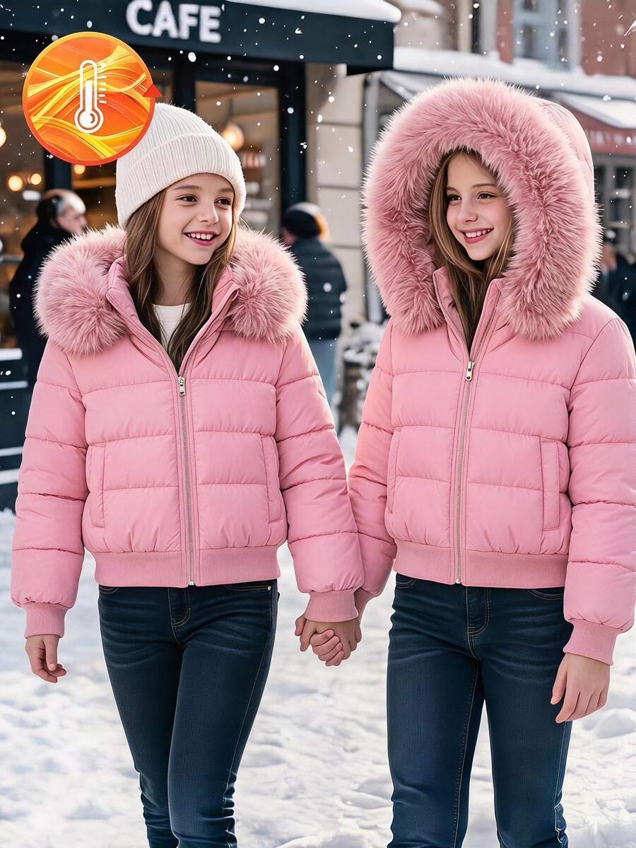 SHEIN 女童時尚加厚外套,長袖,抓絨,大毛領,連帽加厚,兒童冬季外衣,校外穿搭,粉色,可愛端莊 - 淺粉色 - 查看 1