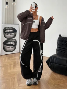 SHEIN EZwear 大尺碼女款字母印花撞色休閒寬鬆俐落長袖夾克，適合日常居家、辦公、外出，秋季穿著 - 巧克力棕 - 查看 4