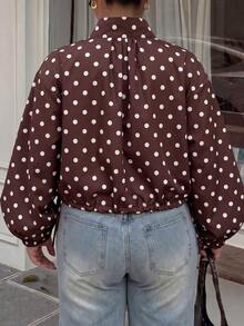 Muchica Brown Polka Dot Plus Size Women's Stand Collar Long Sleeve Casual Jacket Fall - Brown - View 2