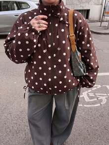 Muchica Brown Polka Dot Plus Size Women's Stand Collar Long Sleeve Casual Jacket Fall - Brown - View 3