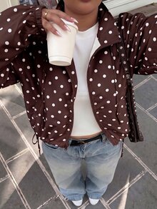 Muchica Brown Polka Dot Plus Size Women's Stand Collar Long Sleeve Casual Jacket Fall - Brown - View 4