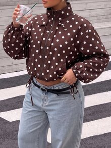 Muchica Brown Polka Dot Plus Size Women's Stand Collar Long Sleeve Casual Jacket Fall - Brown - View 5