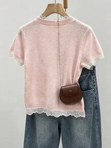 SHEIN Franclia 女款春夏套頭針織衫，杏色圓領毛衣配白色蕾絲飾邊，蕾絲飾邊短袖設計，休閒時尚韓/法風女式針織上衣 - 淺粉色 - 查看 3