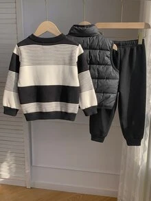 SHEIN 兒童新生兒可愛秋冬休閒抓絨背心、針織衛衣、長褲3件套 - 黑色 - 查看 2