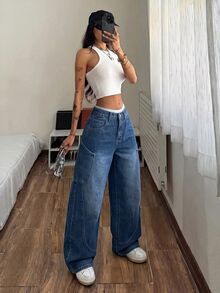 StreetHx 女款休閒街頭風水洗彎腿牛仔褲 旅行藍 夏季 - 藍色 - 查看 4