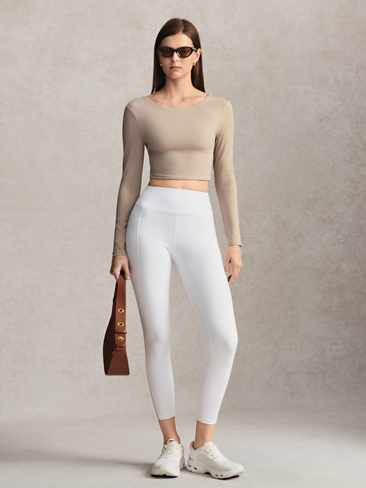 Activina Women's Solid Color Back Cutout Twist Design Long Sleeve Cropped Sports T-Shirt - Beige - View 6