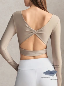 Activina Women's Solid Color Back Cutout Twist Design Long Sleeve Cropped Sports T-Shirt - Beige - View 8