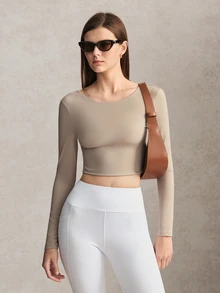 Activina Women's Solid Color Back Cutout Twist Design Long Sleeve Cropped Sports T-Shirt - Beige - View 7