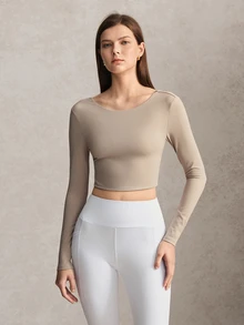Activina Women's Solid Color Back Cutout Twist Design Long Sleeve Cropped Sports T-Shirt - Beige - View 2