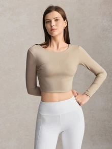 Activina Women's Solid Color Back Cutout Twist Design Long Sleeve Cropped Sports T-Shirt - Beige - View 5
