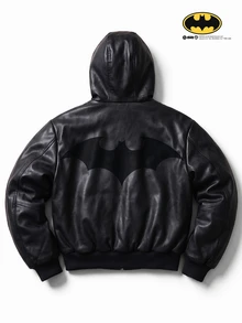 BATMAN X SHEIN STYNVO جاكيت رجالي بقلنسوة من جلد PU بأكمام طويلة وسحاب أمامي بنقشة الخفافيش - الأسود - مشاهدة 1
