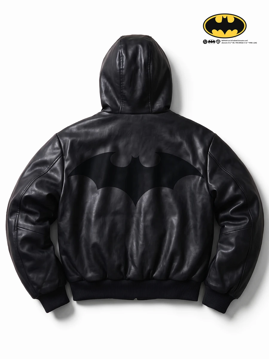 BATMAN X SHEIN STYNVO جاكيت رجالي بقلنسوة من جلد PU بأكمام طويلة وسحاب أمامي بنقشة الخفافيش - الأسود - مشاهدة 1