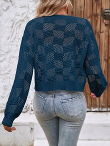 SHEIN LUNE Autumn Casual Solid Color Hollow Knit Cardigan - Blue - View 2
