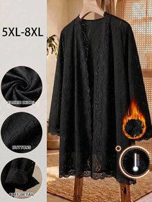 SHEIN CURVE+ Cardigan Rajut Berongga Patchwork Renda Ukuran Besar untuk Wanita, Musim Gugur - Hitam - View 1