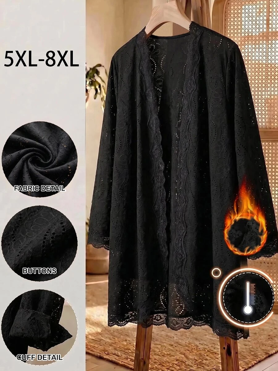 SHEIN CURVE+ Cardigan Rajut Berongga Patchwork Renda Ukuran Besar untuk Wanita, Musim Gugur - Hitam - View 1