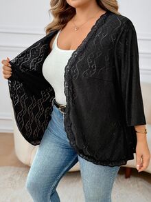 SHEIN CURVE+ Cardigan Rajut Berongga Patchwork Renda Ukuran Besar untuk Wanita, Musim Gugur - Hitam - View 2