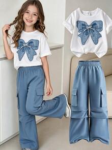 SHEIN 2pcs/Set Tween Girls Summer Casual T-Shirt, Bow Embroidery Design Round Neck Short Sleeve And Cargo Pants,Fall Clothes Back To School Clothes Girls - Multicolor - View 2