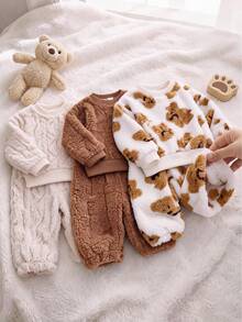 SHEIN Playful Pals 3pcs Toddler Baby Boy Fleece Pants Trousers Cute Sweet Brown Beige Bear Print Fuzzy Plush Cable Thick Holiday Winter Fall Christmas Elastic Waistband - Brown - View 11