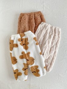 SHEIN Playful Pals 3pcs Toddler Baby Boy Fleece Pants Trousers Cute Sweet Brown Beige Bear Print Fuzzy Plush Cable Thick Holiday Winter Fall Christmas Elastic Waistband - Brown - View 2