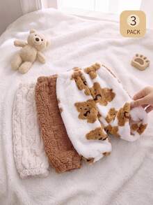 SHEIN Playful Pals 3pcs Toddler Baby Boy Fleece Pants Trousers Cute Sweet Brown Beige Bear Print Fuzzy Plush Cable Thick Holiday Winter Fall Christmas Elastic Waistband - Brown - View 10