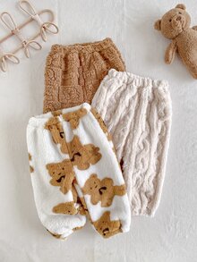 SHEIN Playful Pals 3pcs Toddler Baby Boy Fleece Pants Trousers Cute Sweet Brown Beige Bear Print Fuzzy Plush Cable Thick Holiday Winter Fall Christmas Elastic Waistband - Brown - View 9