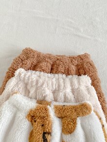 SHEIN Playful Pals 3pcs Toddler Baby Boy Fleece Pants Trousers Cute Sweet Brown Beige Bear Print Fuzzy Plush Cable Thick Holiday Winter Fall Christmas Elastic Waistband - Brown - View 6