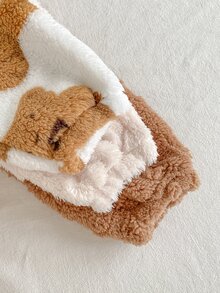 SHEIN Playful Pals 3pcs Toddler Baby Boy Fleece Pants Trousers Cute Sweet Brown Beige Bear Print Fuzzy Plush Cable Thick Holiday Winter Fall Christmas Elastic Waistband - Brown - View 7