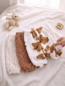 SHEIN Playful Pals 3pcs Toddler Baby Boy Fleece Pants Trousers Cute Sweet Brown Beige Bear Print Fuzzy Plush Cable Thick Holiday Winter Fall Christmas Elastic Waistband - Brown - View 3