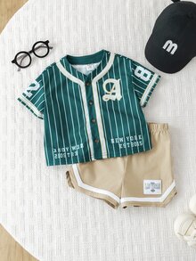 SHEIN 2pcs/Set Unisex Baby Boy/Girl Green Baseball Jacket Short Sleeve Shirt Knit Top And Shorts Set, Sports Outfit, Spring/Summer Baby Boy Clothes - Green - View 4