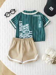 SHEIN 2pcs/Set Unisex Baby Boy/Girl Green Baseball Jacket Short Sleeve Shirt Knit Top And Shorts Set, Sports Outfit, Spring/Summer Baby Boy Clothes - Green - View 7