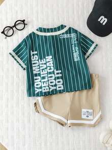 SHEIN 2pcs/Set Unisex Baby Boy/Girl Green Baseball Jacket Short Sleeve Shirt Knit Top And Shorts Set, Sports Outfit, Spring/Summer Baby Boy Clothes - Green - View 2