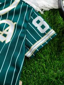 SHEIN 2pcs/Set Unisex Baby Boy/Girl Green Baseball Jacket Short Sleeve Shirt Knit Top And Shorts Set, Sports Outfit, Spring/Summer Baby Boy Clothes - Green - View 9