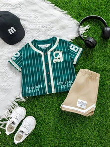 SHEIN 2pcs/Set Unisex Baby Boy/Girl Green Baseball Jacket Short Sleeve Shirt Knit Top And Shorts Set, Sports Outfit, Spring/Summer Baby Boy Clothes - Green - View 5