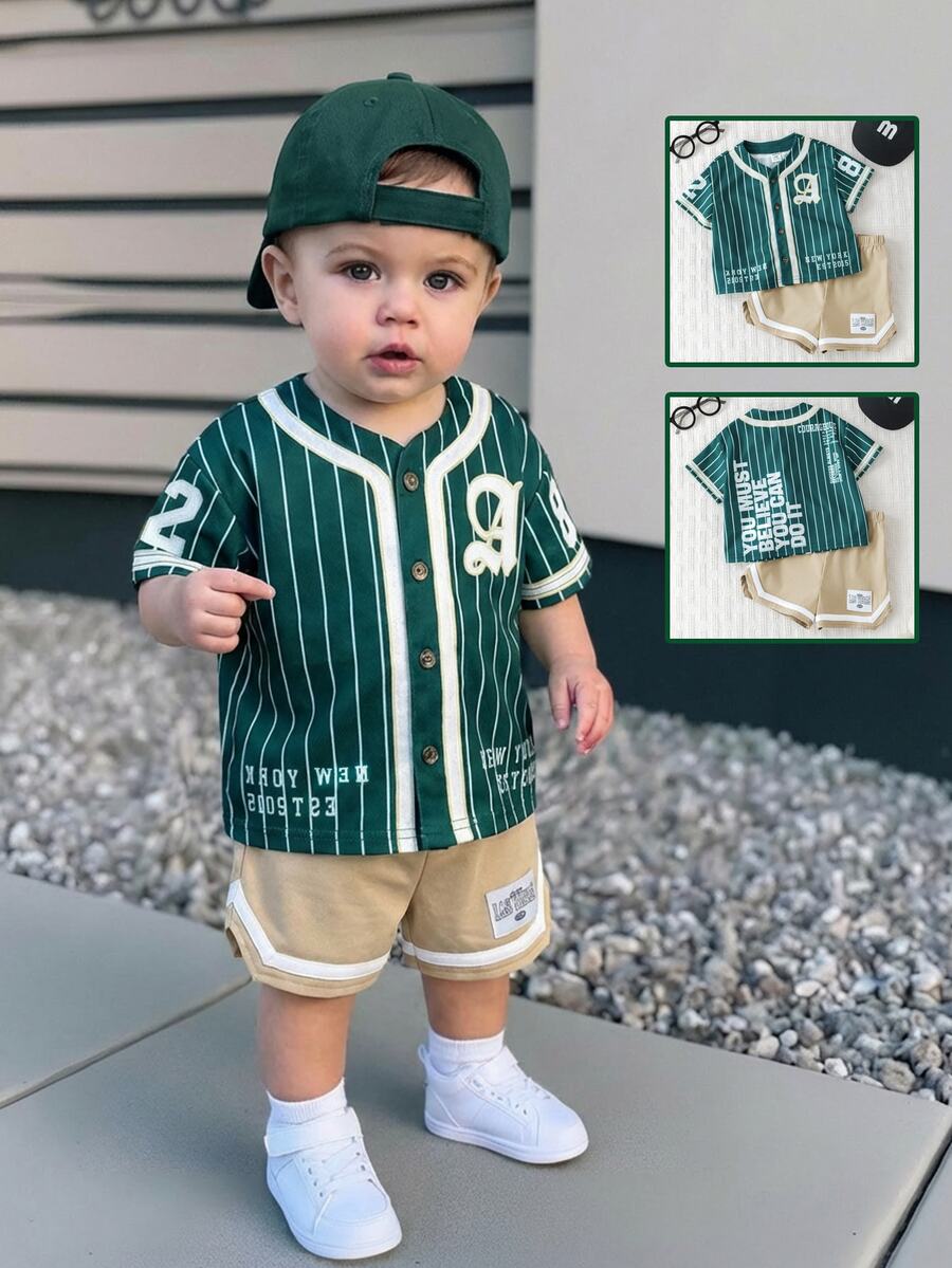SHEIN 2pcs/Set Unisex Baby Boy/Girl Green Baseball Jacket Short Sleeve Shirt Knit Top And Shorts Set, Sports Outfit, Spring/Summer Baby Boy Clothes - Green - View 1
