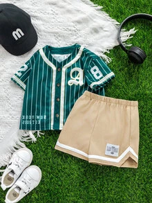 SHEIN 2pcs/Set Unisex Baby Boy/Girl Green Baseball Jacket Short Sleeve Shirt Knit Top And Shorts Set, Sports Outfit, Spring/Summer Baby Boy Clothes - Green - View 6