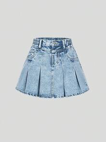 青少年女孩复古水洗牛仔时尚百搭舒适休闲简约松紧腰褶皱牛仔裙 - 中等水洗藍 - 查看 1