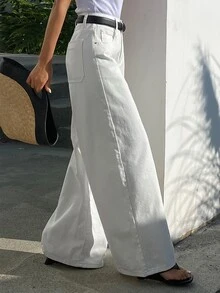 DAZY Women's Casual Everyday Workwear Simple Versatile Solid Color Loose Wide-Leg Jeans Pants, Belt Not Included - White - View 5