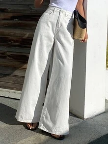 DAZY Women's Casual Everyday Workwear Simple Versatile Solid Color Loose Wide-Leg Jeans Pants, Belt Not Included - White - View 3